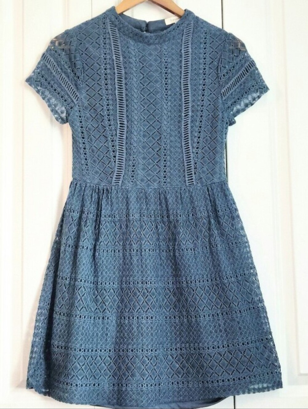 Francesca's Blue Crochet Lace Mock Neck Skater Dress